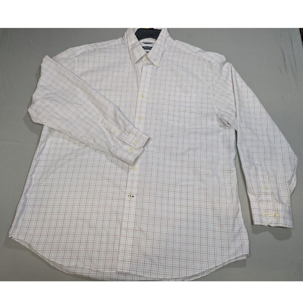 Nautica Mens XXL Button Down Shirt White Plaid Long Sleeve Wrinkle Resistant